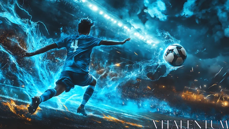 Soccer striker unleashes electrified shot under neon storm