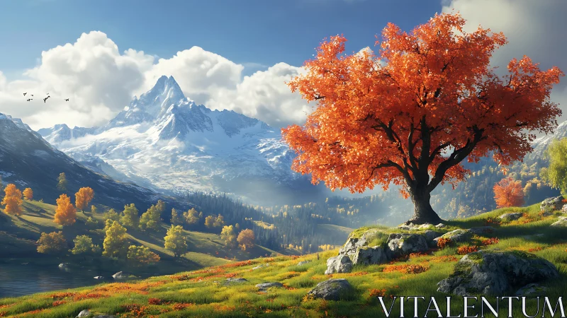 Crimson autumn tree before snowcapped alpine peak landscape.