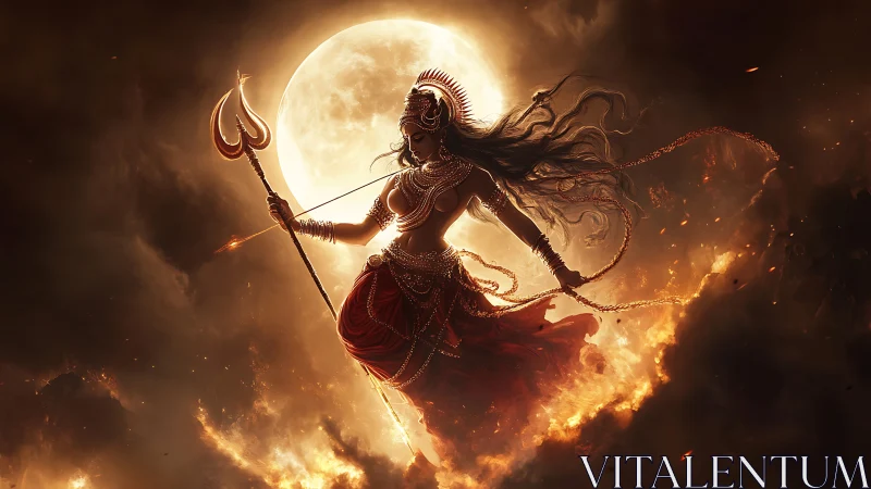 Warrior goddess silhouette against blazing lunar halo.