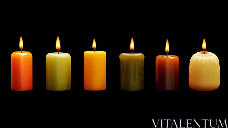 Colorful burning pillar candles aligned on black background.