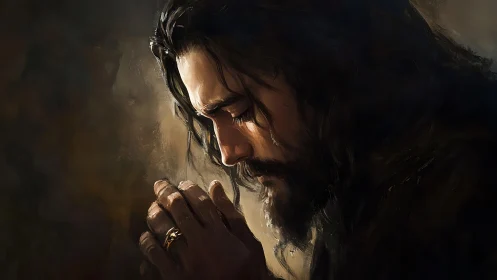 Soft lamplight cradles a weary man in wordless prayer