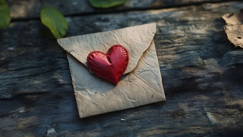 Red Heart on Weathered Envelope. Rustic Romance.