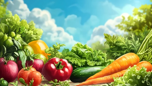 Digital painting of fresh garden vegetables under open sky.