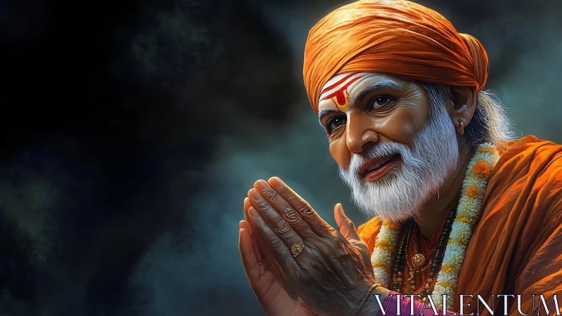 Digitally rendered Hindu elder in orange robes with folded hands