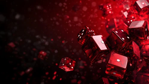 Shiny Red Dice Floating in Dramatic Abstract Digital Artwork.