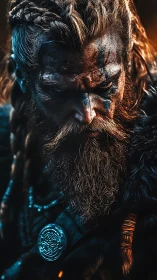Rendered warrior portrait shows detailed braided hair and beard