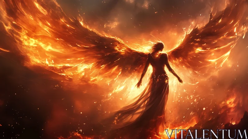 Fireborn angel emerges from blazing celestial inferno