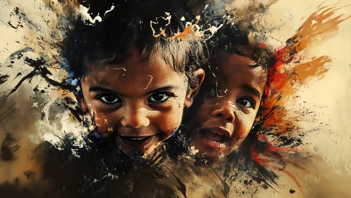 Children's Faces Dissolving Into Expressive Abstract Splatter.