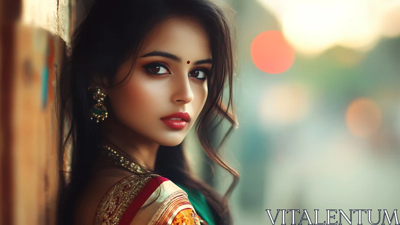 Elegant woman in sari gazes back in warm evening light.