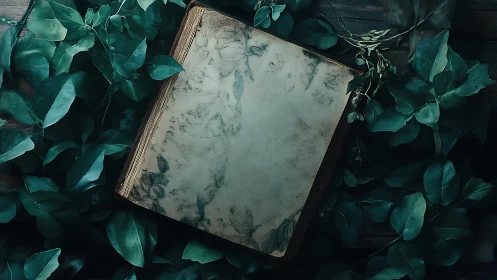 Old closed book lies centered among dense green leaves
