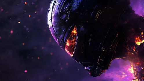 Shattered cosmic mech helm glowing with inner firestorm.