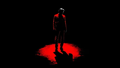 Silhouetted figure stands on red illuminated ground
