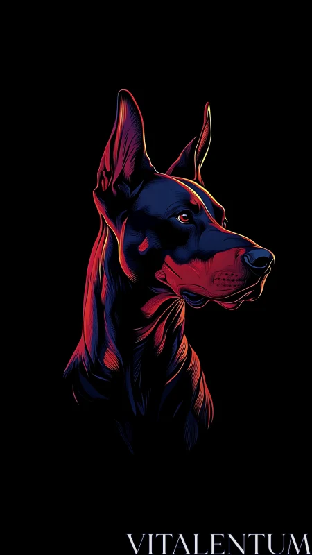 Doberman head profile in neon gradient digital illustration.