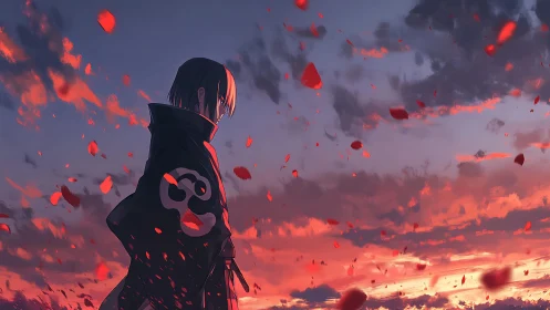 Lone cloaked figure under crimson dusk sky stands silently.