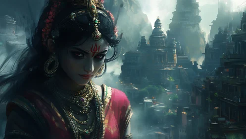 Mythic priestess in mist-laden temple megastructure panorama.