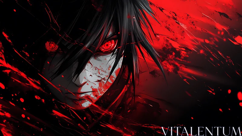 Bloodlit avenger erupts from shadow in searing crimson storm.