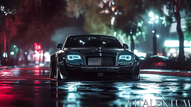 Luxury black sedan glows under neon rain-soaked street.