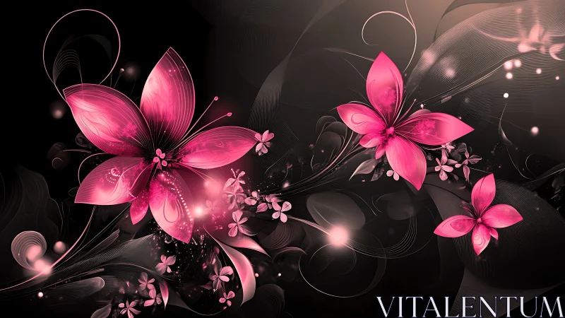 Luminescent Pink Flowers on Black Background.