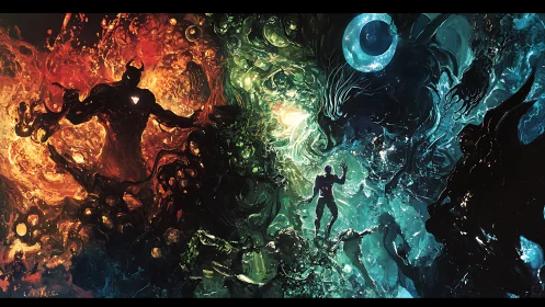 Cosmic humanoid confronting colossal fire and void entities