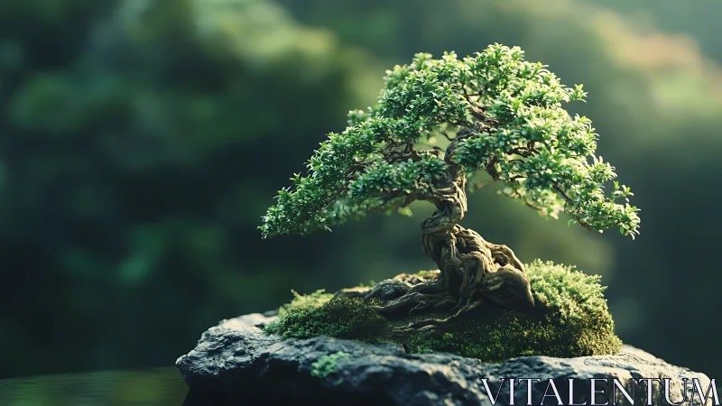 Miniature bonsai tree rests on mossy rock in soft daylight