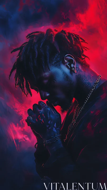 Silhouetted portrait glows in neon magenta and cobalt haze.