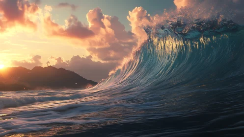 Cresting ocean wave catches low-angle sunset rim lighting