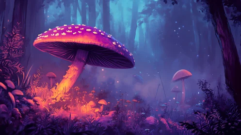 Luminescent forest mushroom under bioluminescent twilight palette.