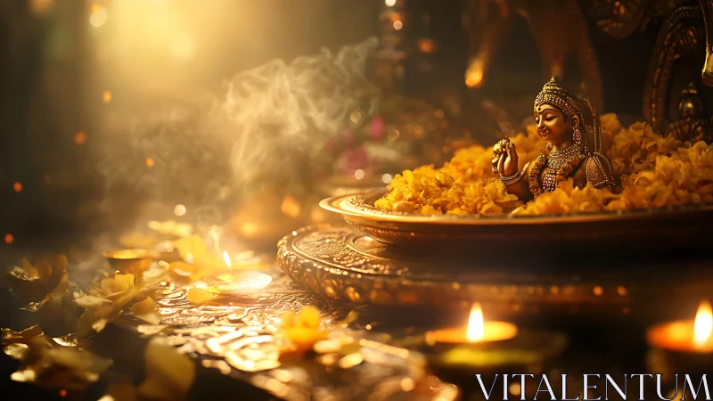 Golden ritual altar with goddess statue amid petals and light.
