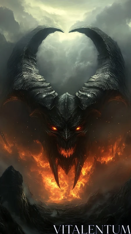 Fiery horned demon emerges over volcanic chasm in storm