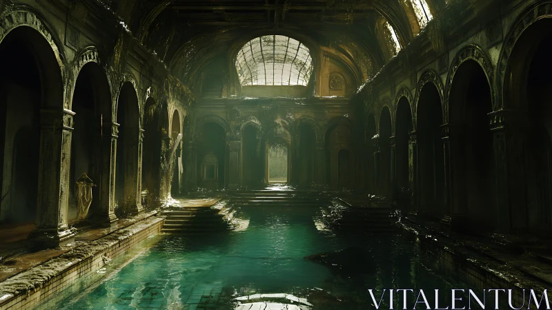 Decayed neoclassical indoor pool under diffused skylight glow
