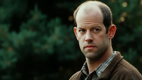 Balding man in brown jacket against soft forest bokeh.