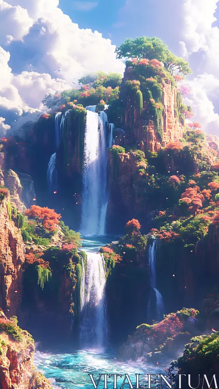 Lush fantasy cliffs with cascading turquoise waterfalls.