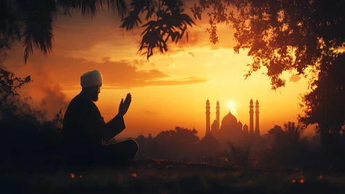 Sunset quietly crowns a praying figure before distant domes