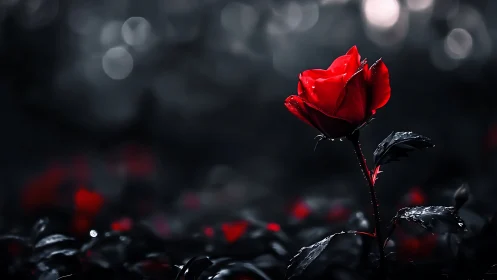 Red rose with dark foliage in dramatic low-key studio lighting