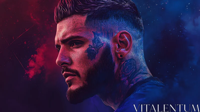 Tattooed man’s neon portrait glows in moody dual lighting