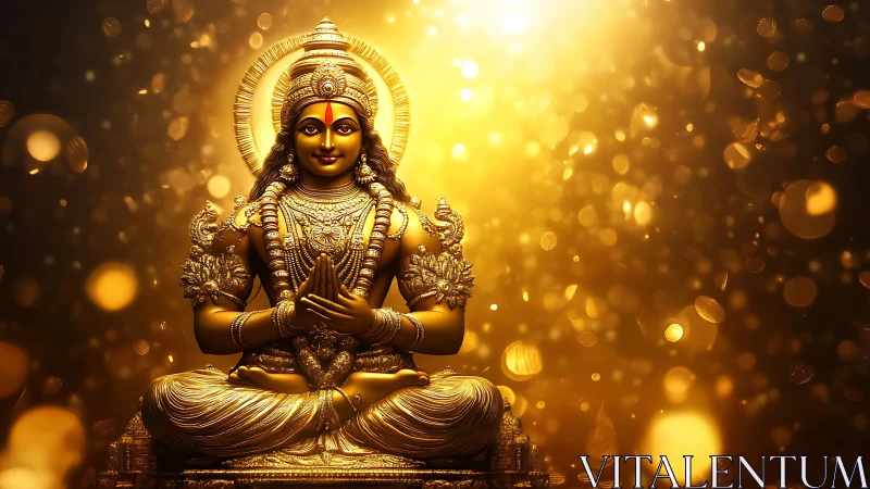 Golden seated deity statue under radiant glowing light.