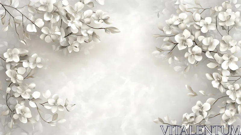 Luminous white blossoms cascade from ornamental branches in ethereal three-dimensional composition.
