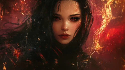 Fiery sorceress portrait in molten crimson digital chiaroscuro.