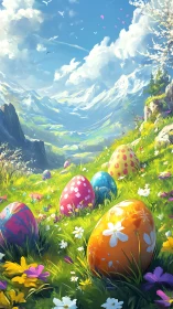 Painted Easter eggs glow in a bright alpine spring meadow