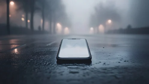 Smartphone lying on wet city street in dense evening fog.