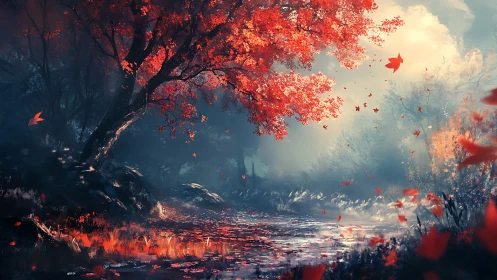 Golden autumn riverbank glowing with gentle evening light.