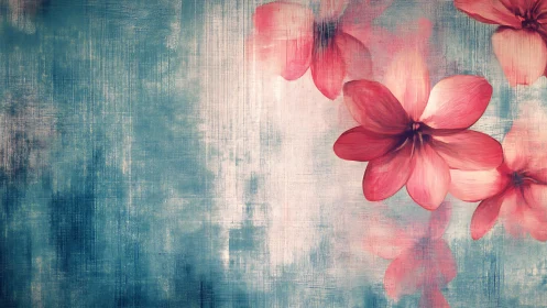 Red Flowers Against Textured Teal and Cream Composition