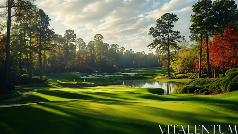 Sunlit championship golf fairway framed by autumnal pines