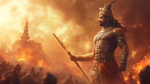 Warrior monarch dominates burning citadel under ember sky.