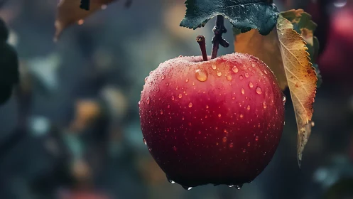 Photorealistic dewy apple macro with shallow depth of field.