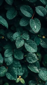Rain-dappled green leaves in moody close-up study.