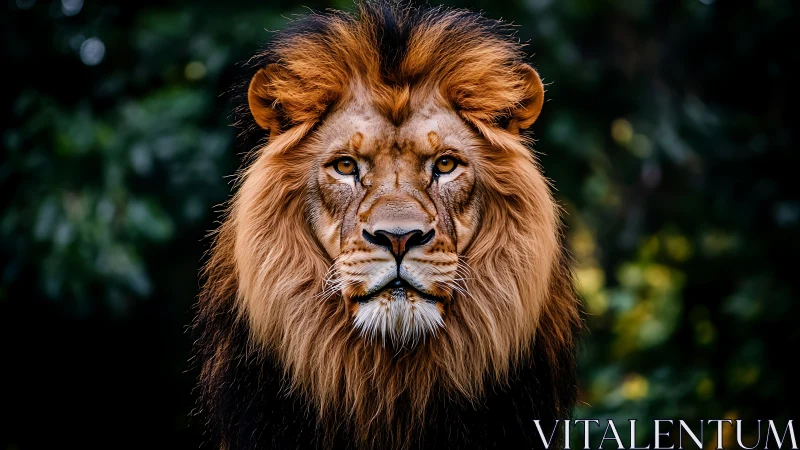 Photorealistic frontal lion portrait with dramatic mane lighting.