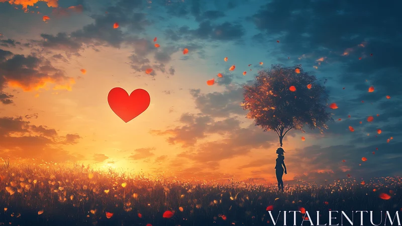 Silhouetted figure with luminous tree against sunset landscape