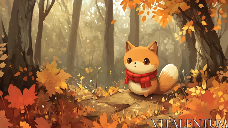 Cozy chibi fox in glowing autumn forest scenery.