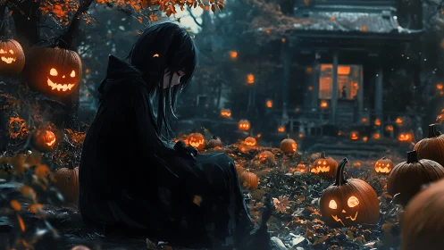 Gentle Halloween night wraps a quiet girl in pumpkin light